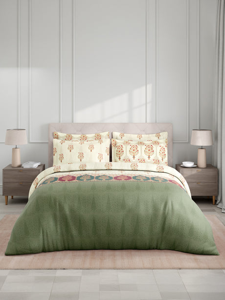 Royal Essence 100% Cotton 400 TC White Digital Ethnic Print King Bedsheet with 4 Pillow Covers