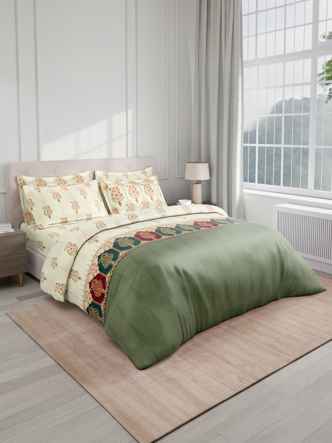 Royal Essence 100% Cotton 400 TC White Digital Ethnic Print King Bedsheet with 4 Pillow Covers
