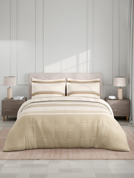100% Cotton King Bedsheet Set with 4 Pillow Covers & 2 Cushion Covers, 400 TC Beige & White Geometrical, Royal Essence