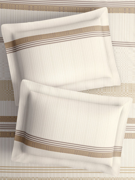 100% Cotton King Bedsheet Set with 4 Pillow Covers & 2 Cushion Covers, 400 TC Beige & White Geometrical, Royal Essence