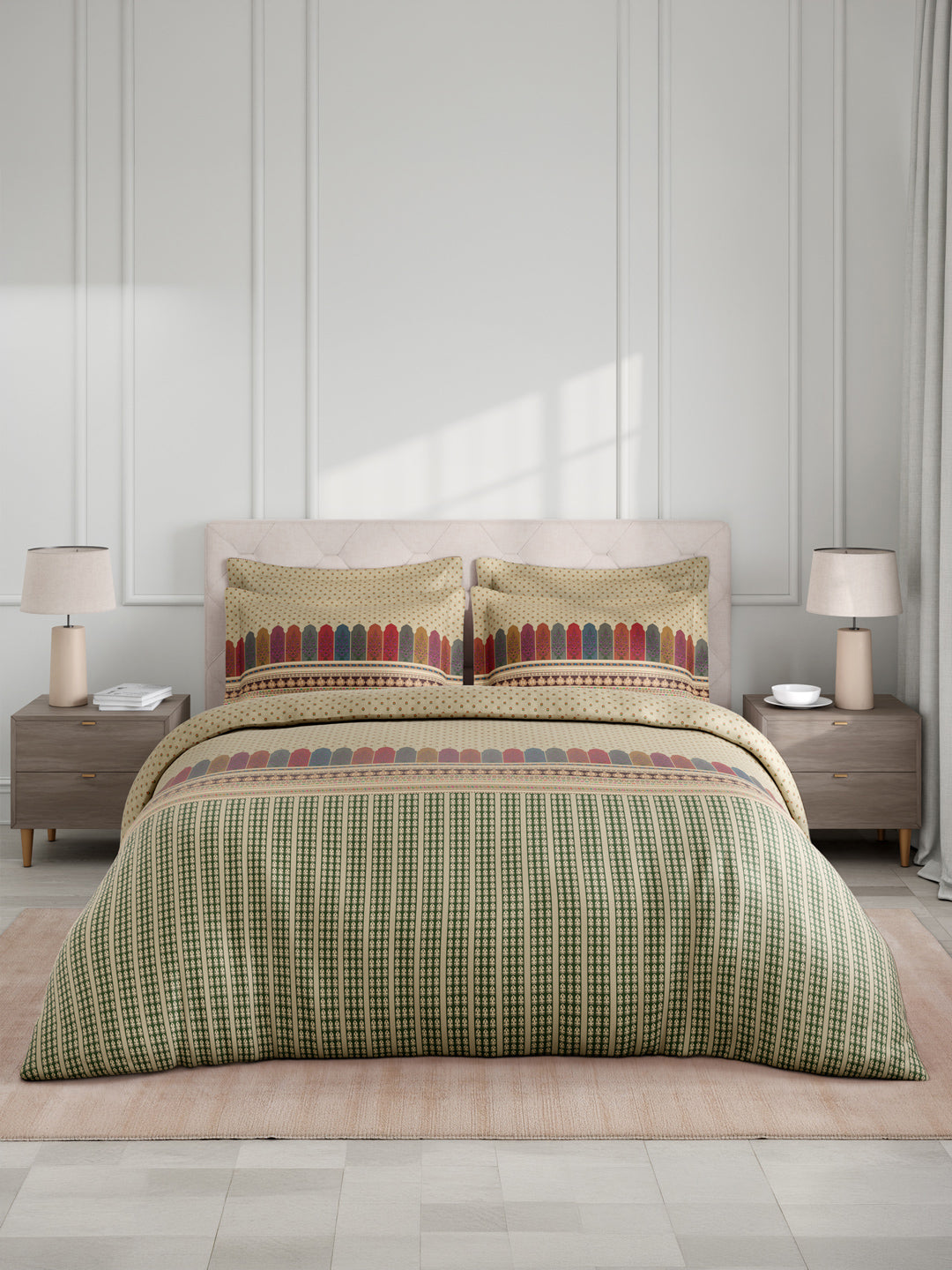 100% Cotton King Bedsheet Set with 4 Pillow Covers & 2 Cushion Covers, 400 TC Cream Ethnic Print, Royal Essence
