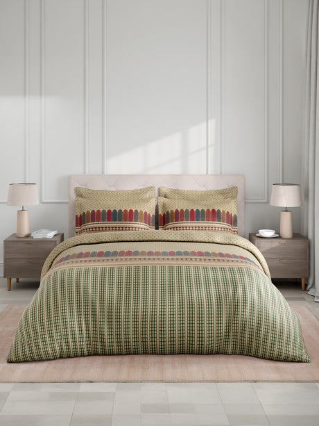 100% Cotton King Bedsheet Set with 4 Pillow Covers & 2 Cushion Covers, 400 TC Cream Ethnic Print, Royal Essence