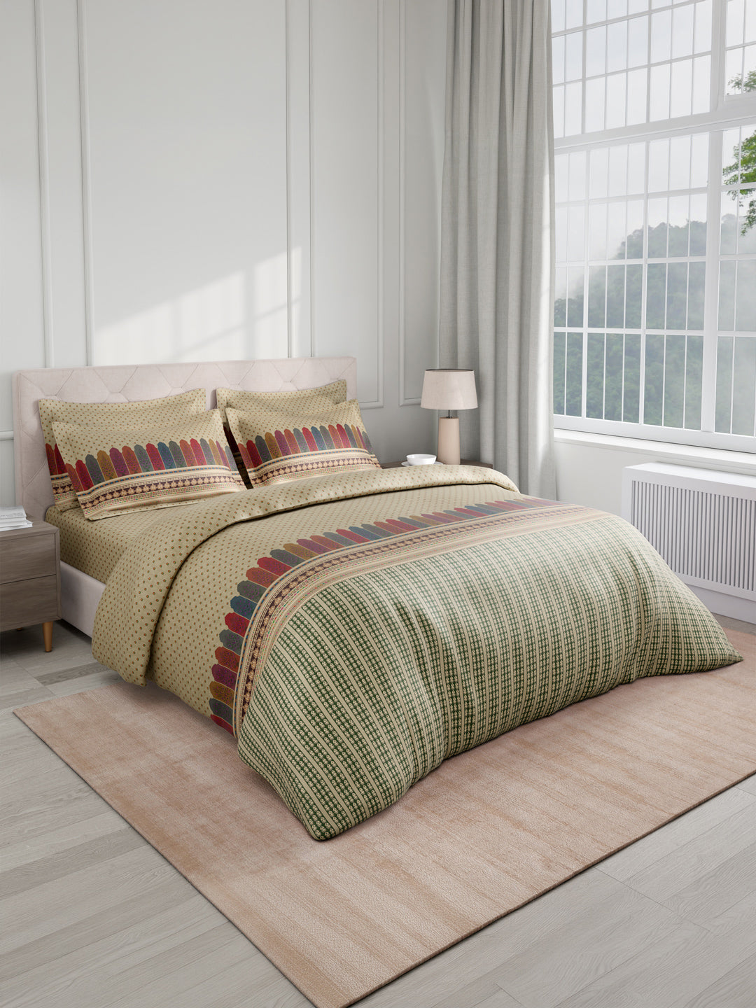 100% Cotton King Bedsheet Set with 4 Pillow Covers & 2 Cushion Covers, 400 TC Cream Ethnic Print, Royal Essence