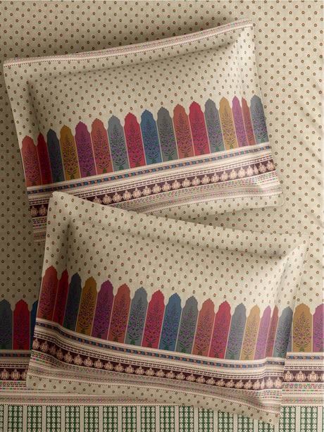 100% Cotton King Bedsheet Set with 4 Pillow Covers & 2 Cushion Covers, 400 TC Cream Ethnic Print, Royal Essence