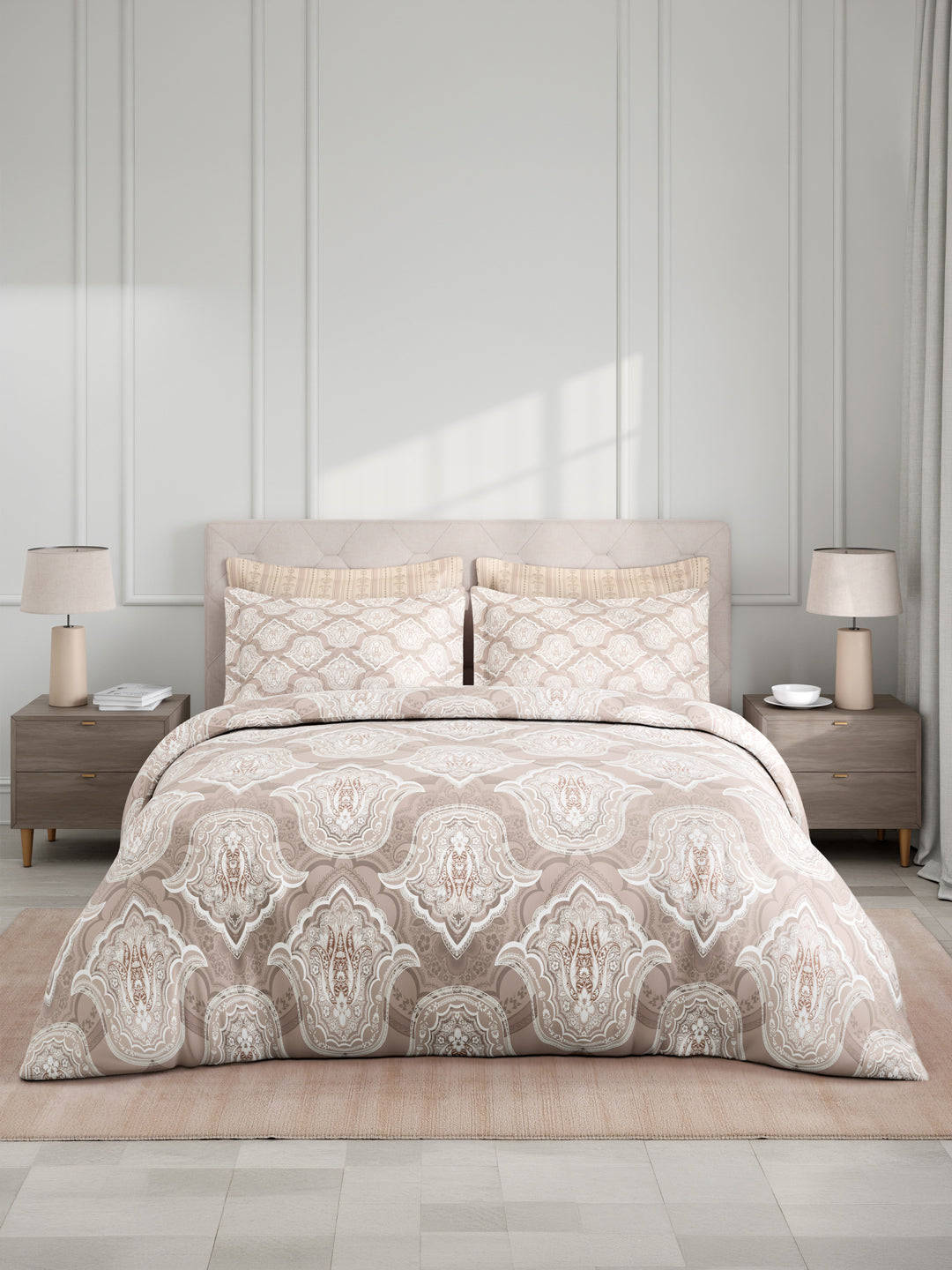100% Cotton King Bedsheet Set with 4 Pillow Covers & 2 Cushion Covers, 400 TC Grey Ethnic Print, Royal Essence