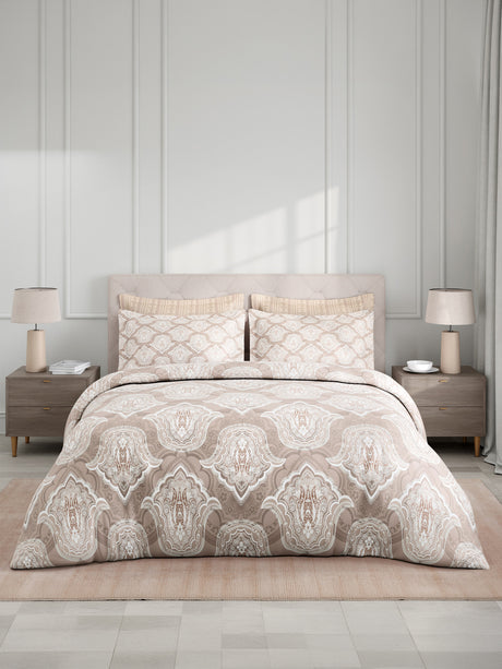 100% Cotton King Bedsheet Set with 4 Pillow Covers & 2 Cushion Covers, 400 TC Grey Ethnic Print, Royal Essence