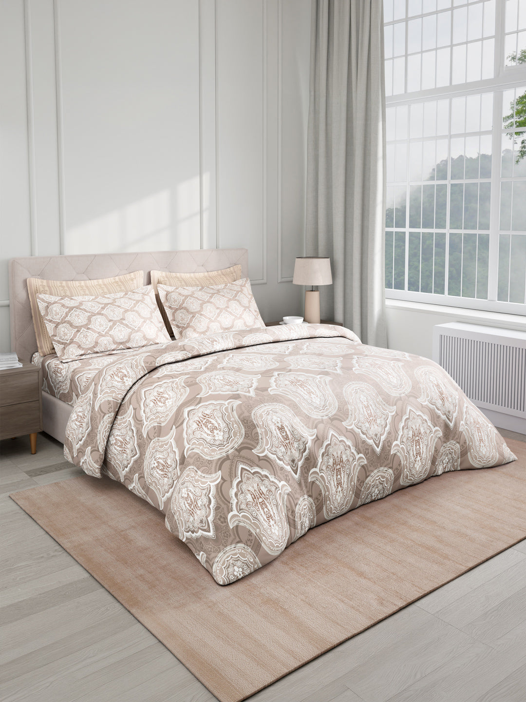 100% Cotton King Bedsheet Set with 4 Pillow Covers & 2 Cushion Covers, 400 TC Grey Ethnic Print, Royal Essence
