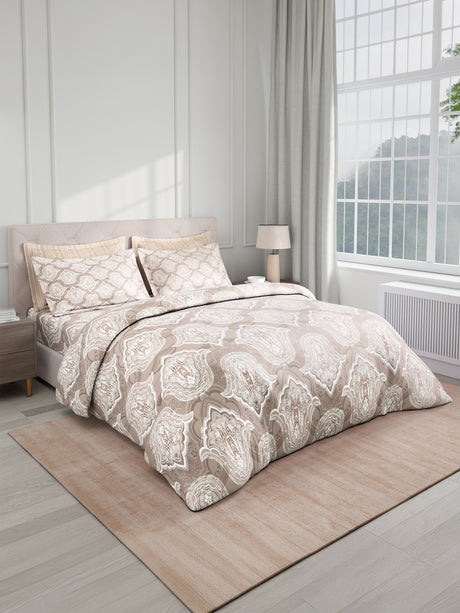 100% Cotton King Bedsheet Set with 4 Pillow Covers & 2 Cushion Covers, 400 TC Grey Ethnic Print, Royal Essence