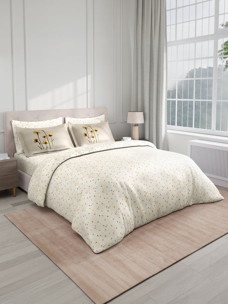 100% Cotton King Bedsheet Set with 4 Pillow Covers & 2 Cushion Covers, 400 TC White Floral, Royal Essence