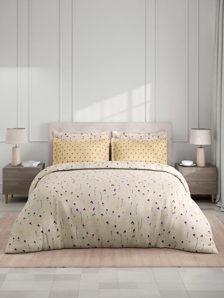100% Cotton King Bedsheet Set with 4 Pillow Covers & 2 Cushion Covers, 400 TC White & Purple Floral, Royal Essence Nature Poetry