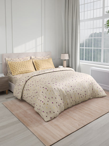 100% Cotton King Bedsheet Set with 4 Pillow Covers & 2 Cushion Covers, 400 TC White & Purple Floral, Royal Essence Nature Poetry
