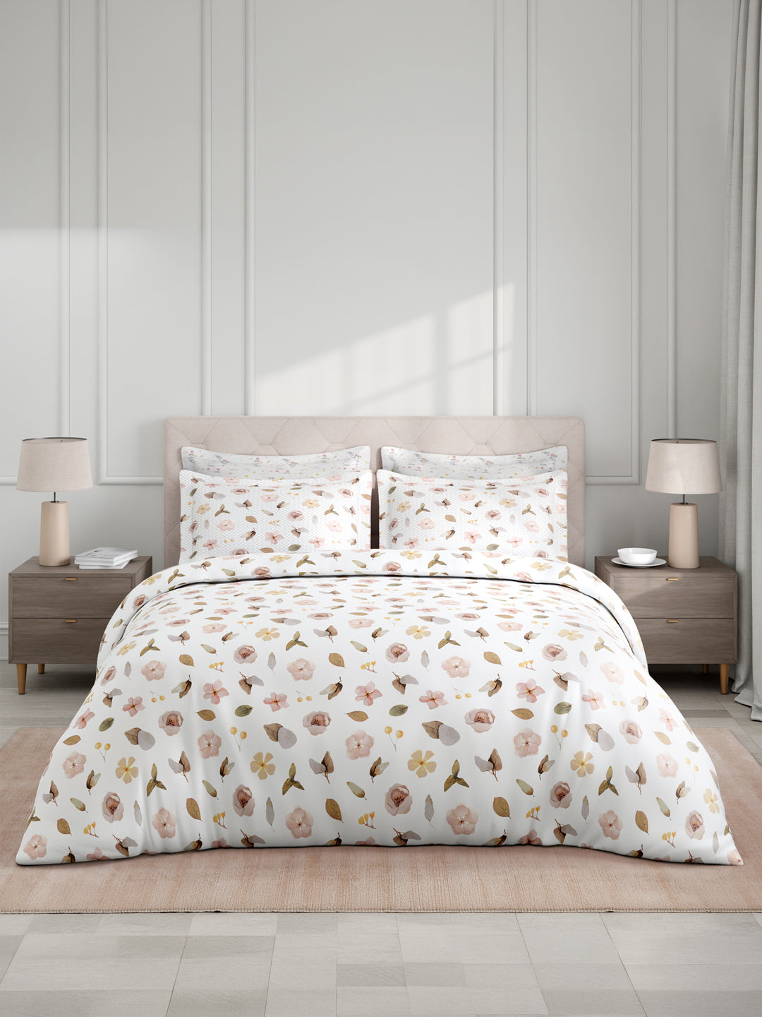 100% Cotton King Bedsheet Set with 4 Pillow Covers & 2 Cushion Covers, 400 TC Beige & White Floral, Royal Essence