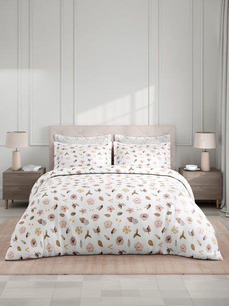 100% Cotton King Bedsheet Set with 4 Pillow Covers & 2 Cushion Covers, 400 TC Beige & White Floral, Royal Essence