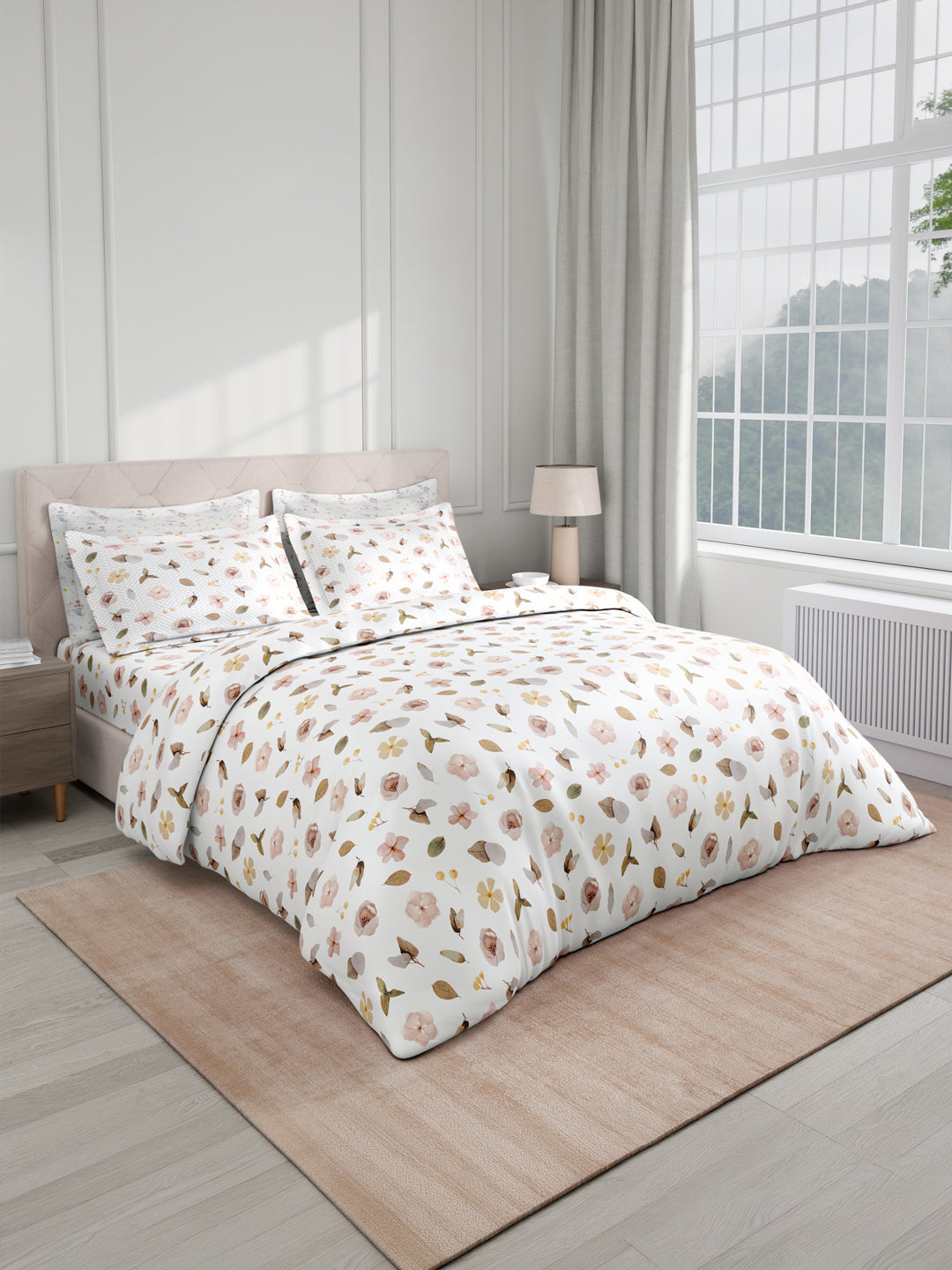 100% Cotton King Bedsheet Set with 4 Pillow Covers & 2 Cushion Covers, 400 TC Beige & White Floral, Royal Essence