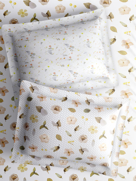 100% Cotton King Bedsheet Set with 4 Pillow Covers & 2 Cushion Covers, 400 TC Beige & White Floral, Royal Essence