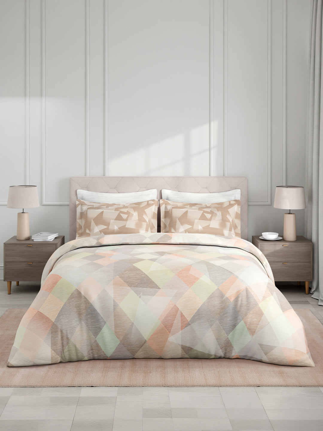 100% Cotton King Bedsheet Set with 4 Pillow Covers & 2 Cushion Covers, 400 TC Beige Geometrical, Royal Essence