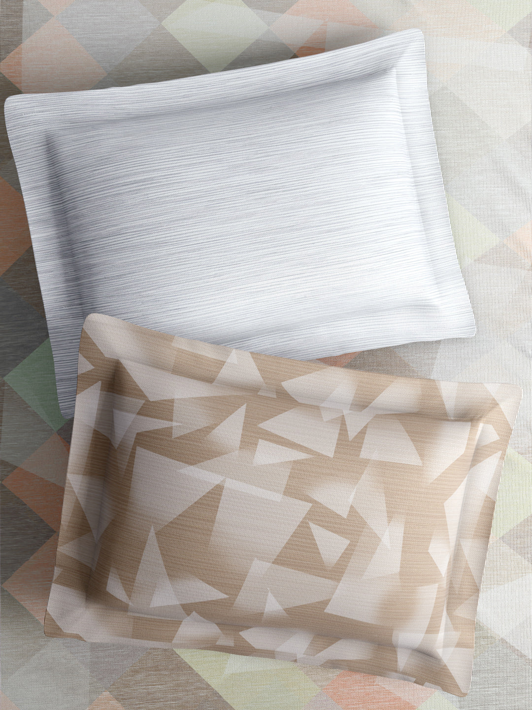 100% Cotton King Bedsheet Set with 4 Pillow Covers & 2 Cushion Covers, 400 TC Beige Geometrical, Royal Essence