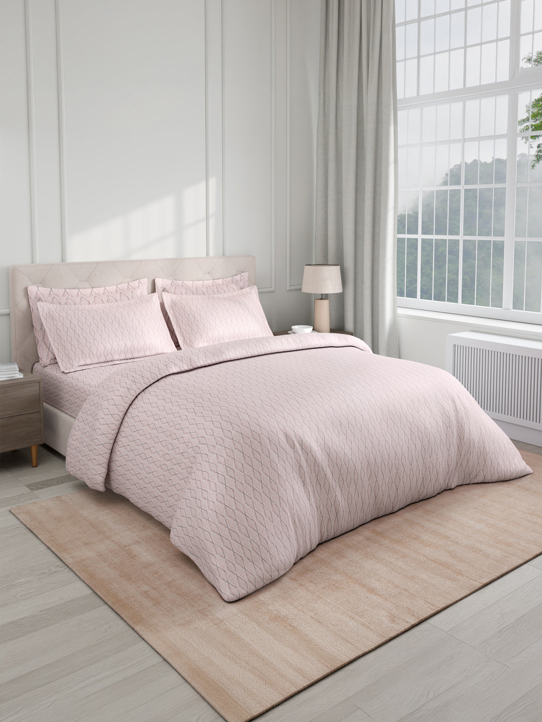 100% Cotton King Bedsheet Set with 4 Pillow Covers & 2 Cushion Covers, 400 TC Cream Geometrical, Royal Essence