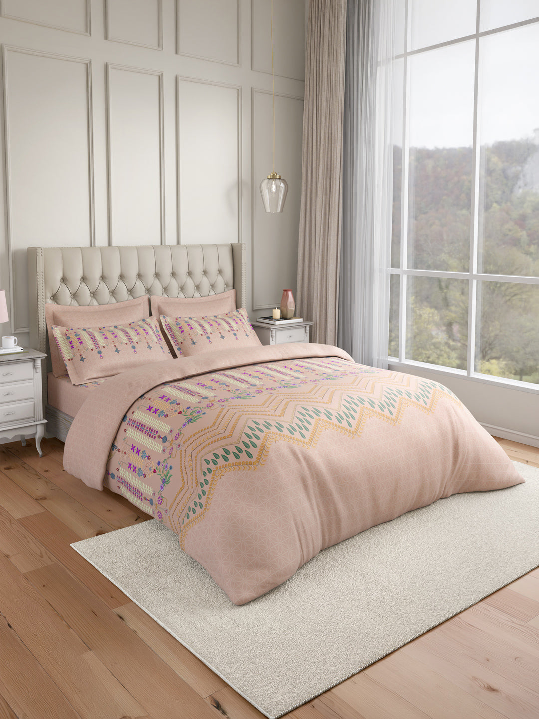 Luxe Loom 100% Cotton 600 TC King Bedsheet with 4 Pillow Covers & 2 Cushion Covers | Printed Bedsheet Set