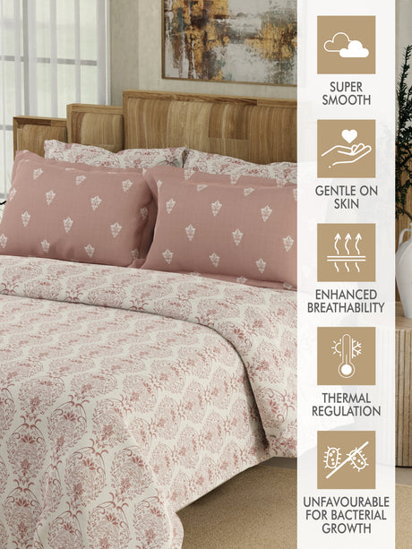 Zen Living 500 TC Tencel Cotton King Size Bedsheet with 4 Pillow Covers (Double Marrow Stitch) - Pink & White Ethnic Print