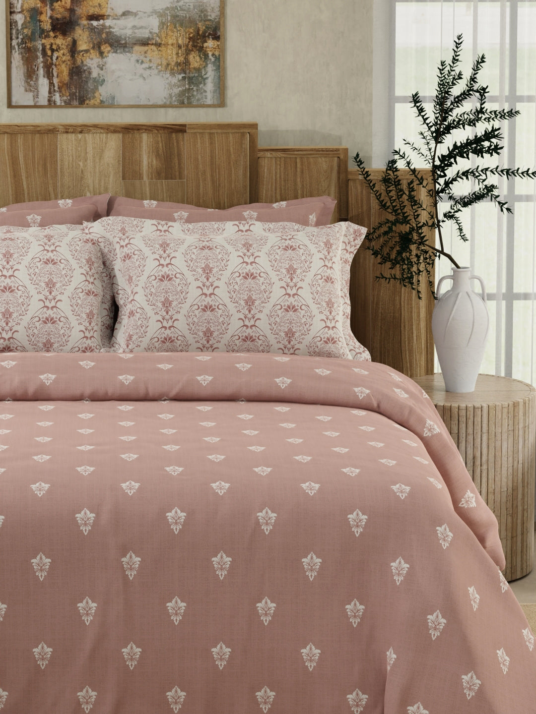 Isabella 500 TC Tencel Cotton King Size Bedsheet with 4 Pillow Covers (Double Marrow Stitch) - Pink Ethnic Print