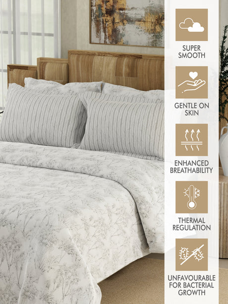 Zen Living 500 TC Tencel Cotton King Size Bedsheet with 4 Pillow Covers (Double Marrow Stitch) - White & Grey Floral Print
