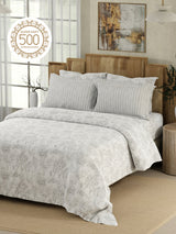 Zen Living 500 TC Tencel Cotton King Size Bedsheet with 4 Pillow Covers (Double Marrow Stitch) - White & Grey Floral Print