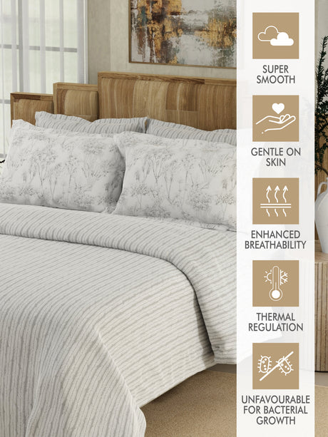 Zen Living 500 TC Tencel Cotton King Size Bedsheet with 4 Pillow Covers (Double Marrow Stitch) - White & Grey Stripes