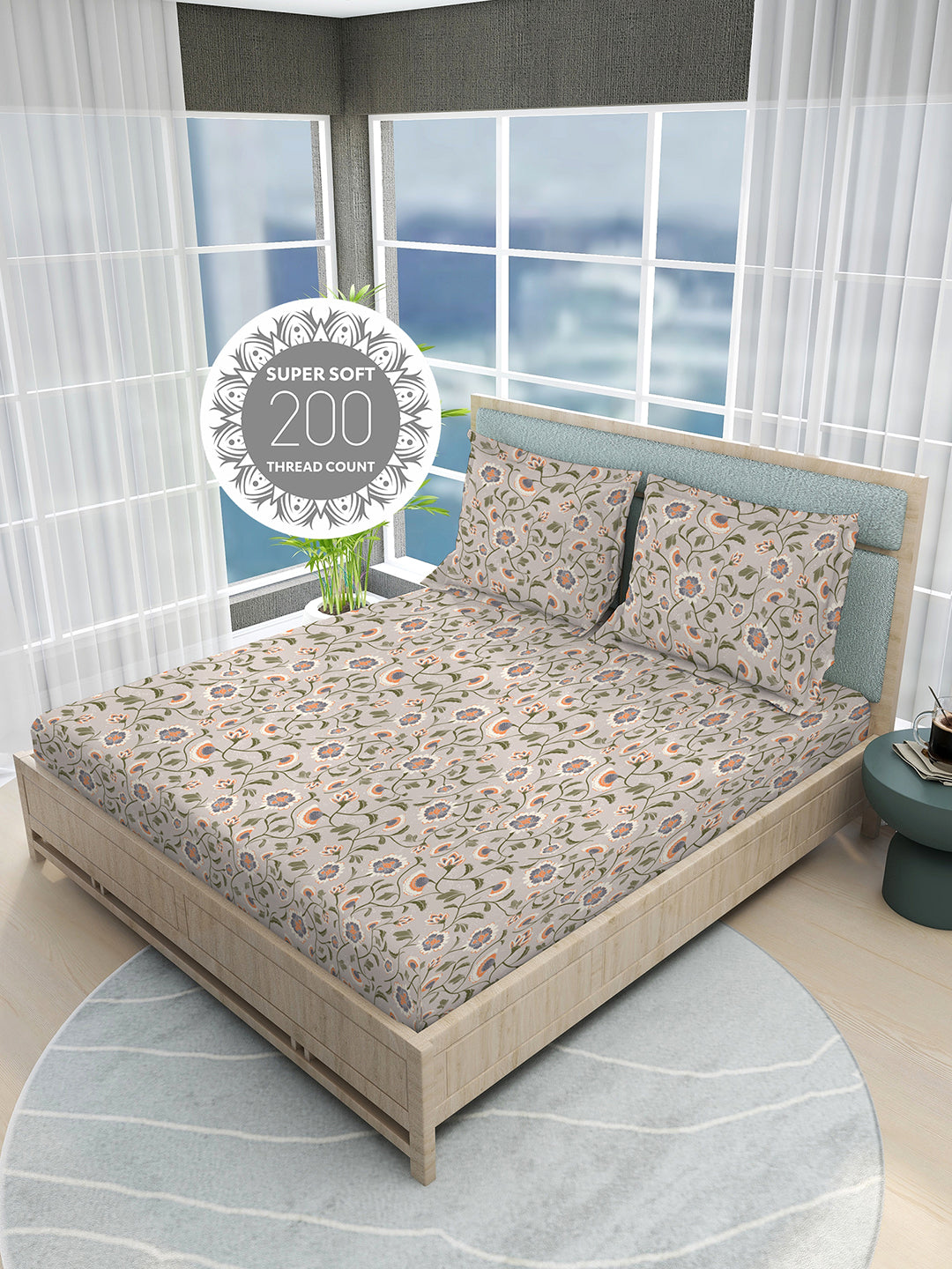Siesta 100% Egyptian Cotton 200 TC Grey Floral Print King Bedsheet with 2 Pillow Covers