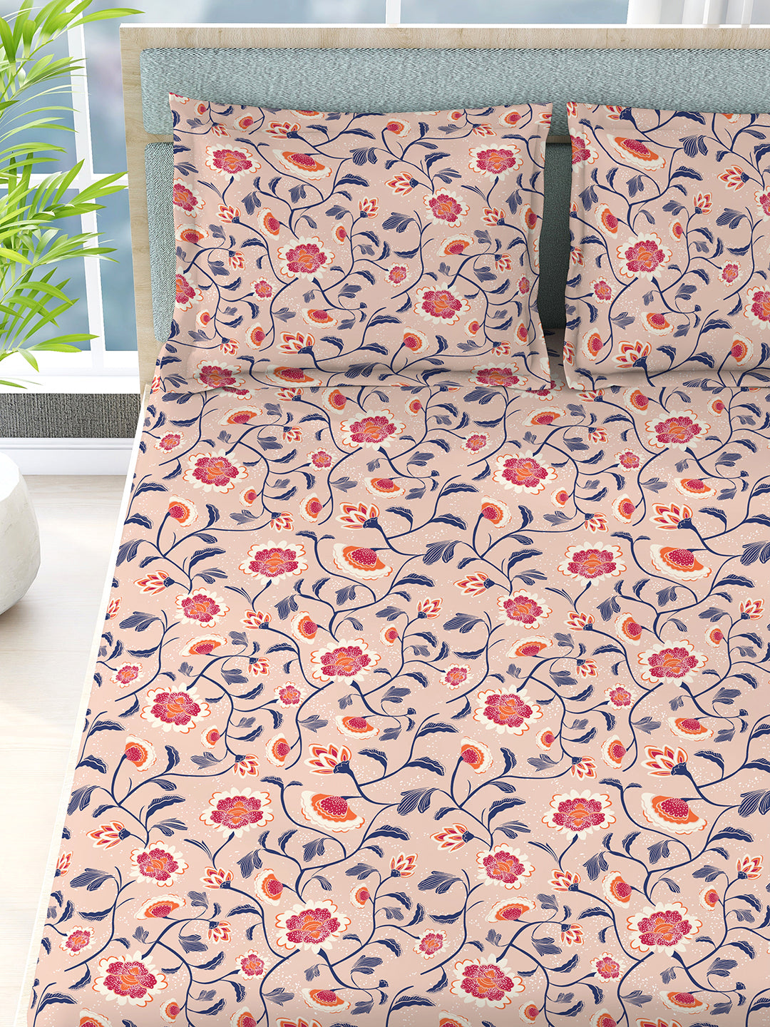 Siesta 100% Egyptian Cotton 200 TC Pink Floral Print King Bedsheet with 2 Pillow Covers