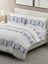 Siesta 100% Egyptian Cotton 200 TC White & Blue Ethnic Print King Bedsheet with 2 Pillow Covers