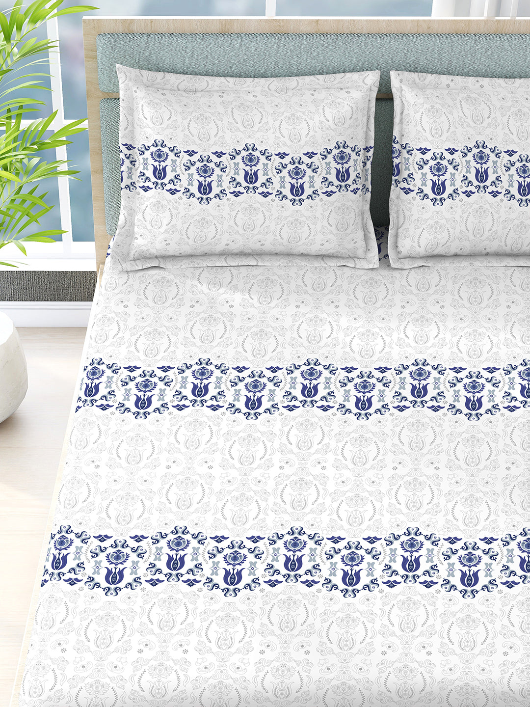 Siesta 100% Egyptian Cotton 200 TC White & Blue Ethnic Print King Bedsheet with 2 Pillow Covers
