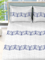 Siesta 100% Egyptian Cotton 200 TC White & Blue Ethnic Print King Bedsheet with 2 Pillow Covers