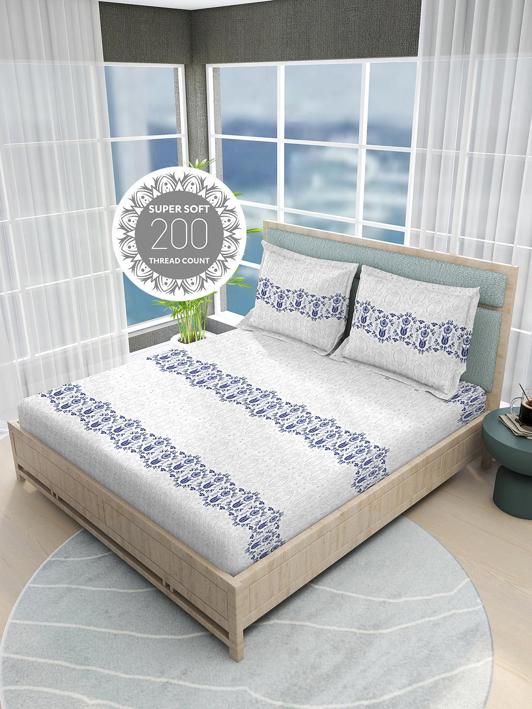 Siesta 100% Egyptian Cotton 200 TC White & Blue Ethnic Print King Bedsheet with 2 Pillow Covers