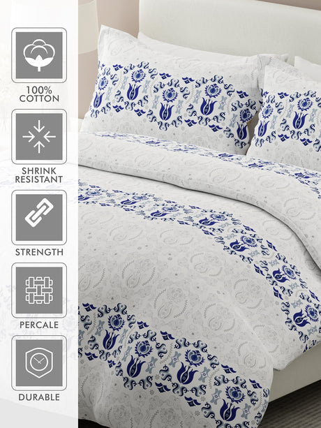 Siesta 100% Egyptian Cotton 200 TC White & Blue Ethnic Print King Bedsheet with 2 Pillow Covers
