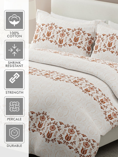 Siesta 100% Egyptian Cotton 200 TC White Ethnic Print King Bedsheet with 2 Pillow Covers