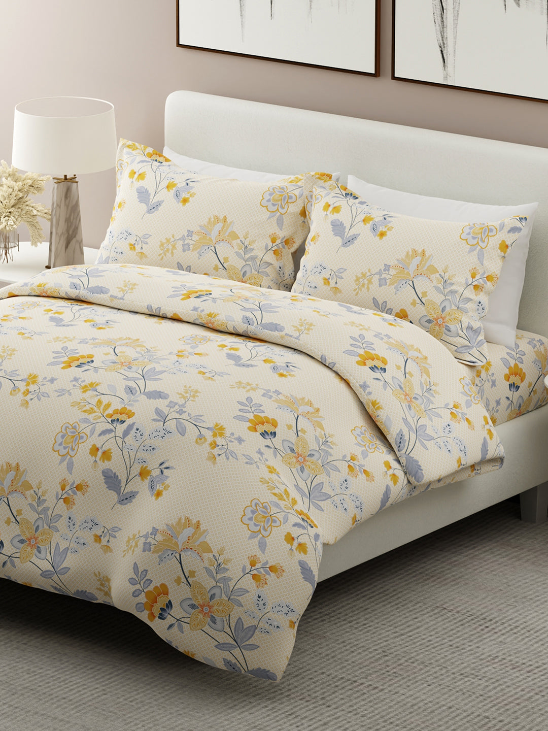 Siesta 100% Egyptian Cotton 200 TC Yellow Floral Print King Bedsheet with 2 Pillow Covers