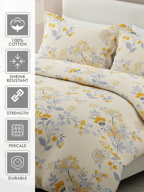 Siesta 100% Egyptian Cotton 200 TC Yellow Floral Print King Bedsheet with 2 Pillow Covers