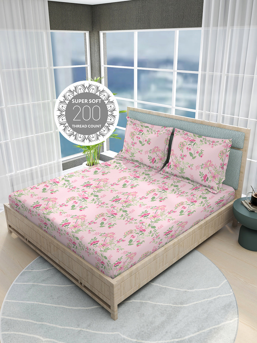 Siesta 100% Egyptian Cotton 200 TC Pink Floral Print King Bedsheet with 2 Pillow Covers