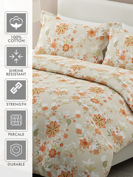 Siesta 100% Egyptian Cotton 200 TC Grey & Orange Floral Print King Bedsheet with 2 Pillow Covers