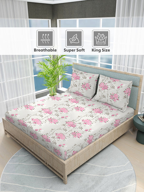 Nature Bouquet 100% Cotton 300 TC Floral Print Scented King Bedsheet with 2 Pillow Covers (Rose Fragrance)