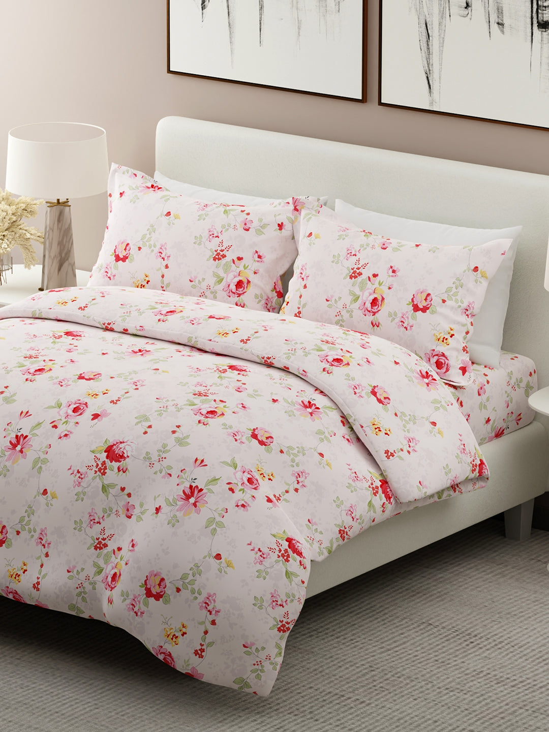 Nature Bouquet 100% Cotton 300 TC Pink Floral Print Scented King Bedsheet with 2 Pillow Covers (Rose Fragrance)