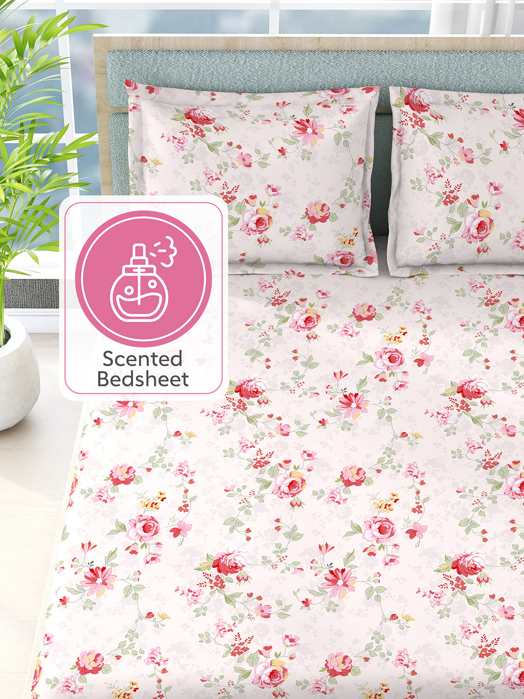 Nature Bouquet 100% Cotton 300 TC Pink Floral Print Scented King Bedsheet with 2 Pillow Covers (Rose Fragrance)