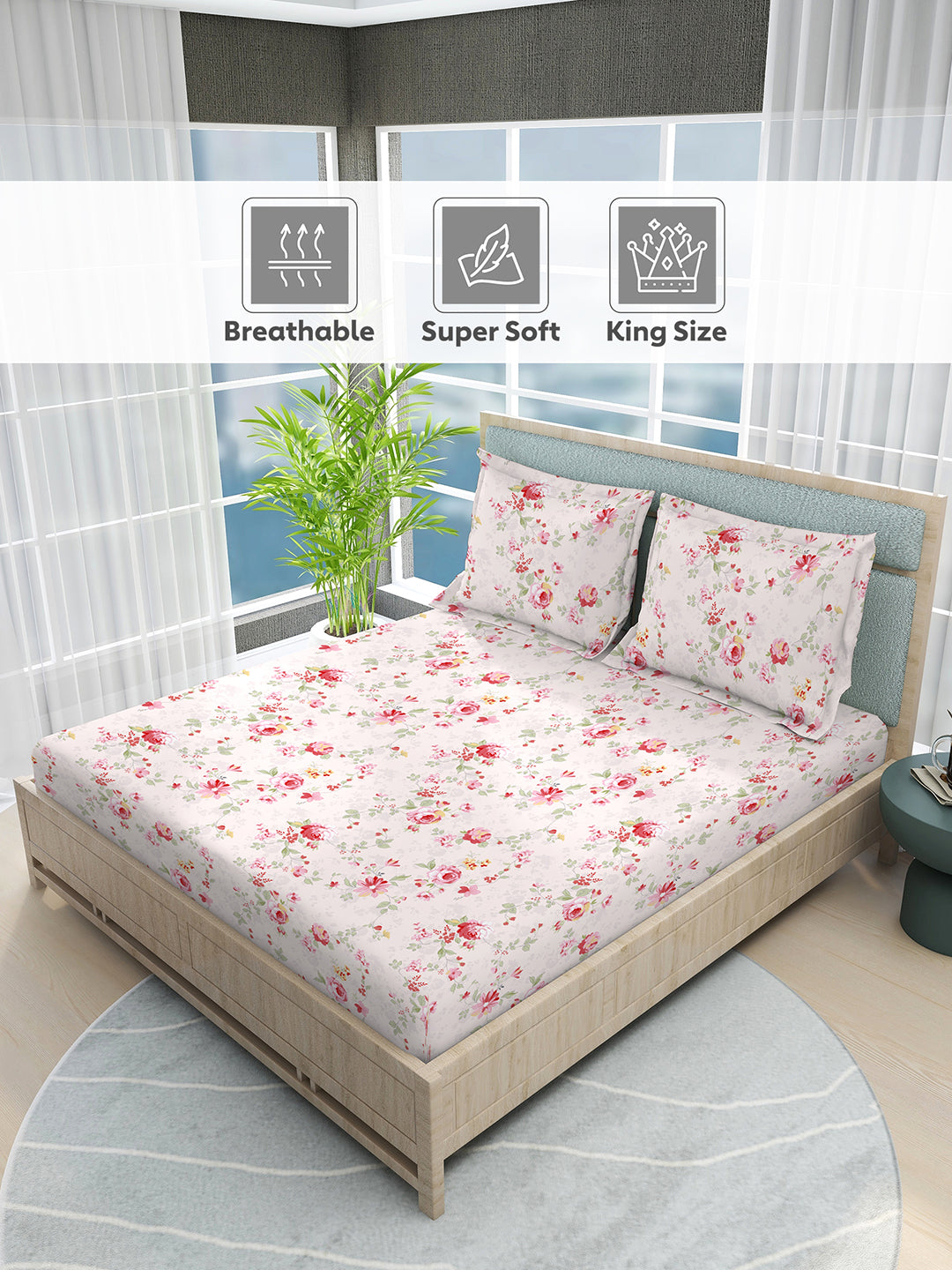Nature Bouquet 100% Cotton 300 TC Pink Floral Print Scented King Bedsheet with 2 Pillow Covers (Rose Fragrance)