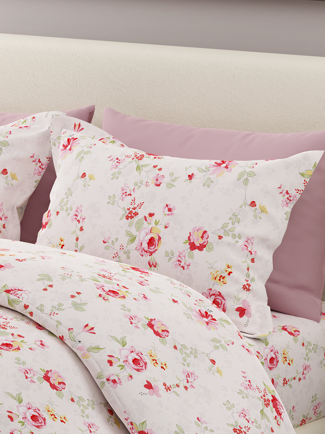 Nature Bouquet 100% Cotton 300 TC Pink Floral Print Scented King Bedsheet with 2 Pillow Covers (Rose Fragrance)
