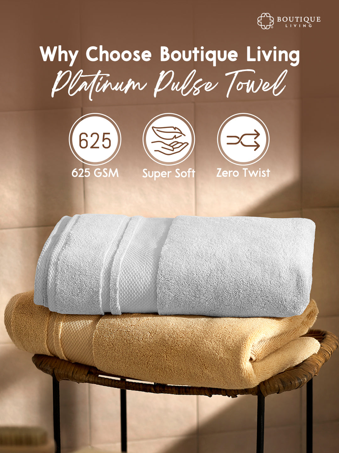 Platinum Pulse 100% Cotton 625 GSM Bath Towel - White (Pack of 1)