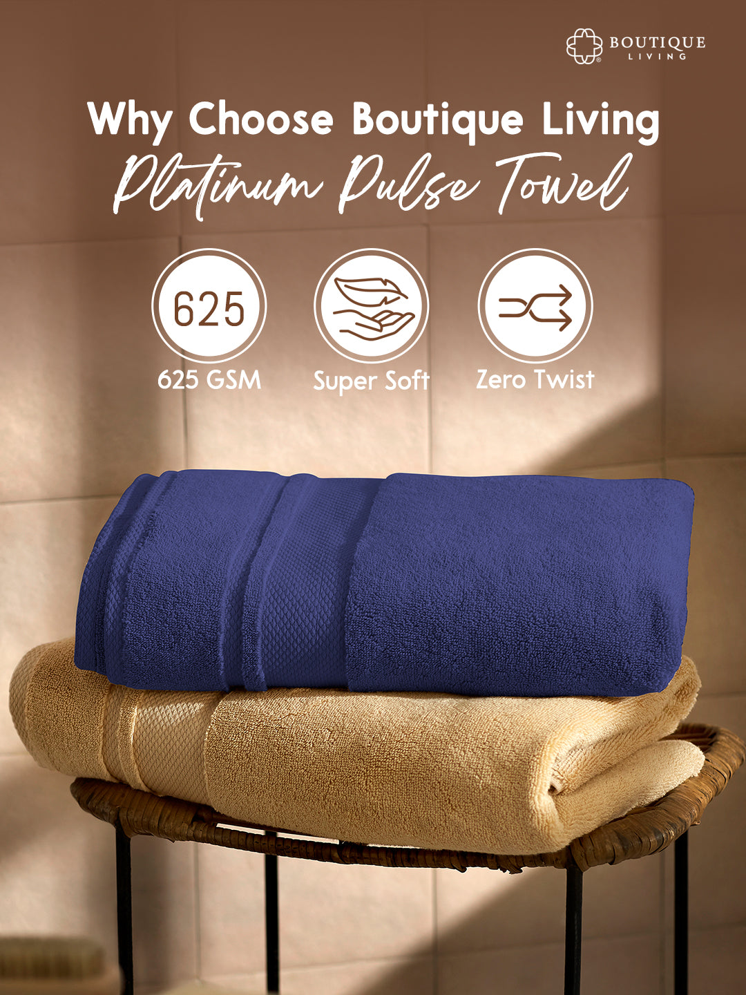 Platinum Pulse 100% Cotton 625 GSM Bath Towel - Navy Blue (Pack of 1)