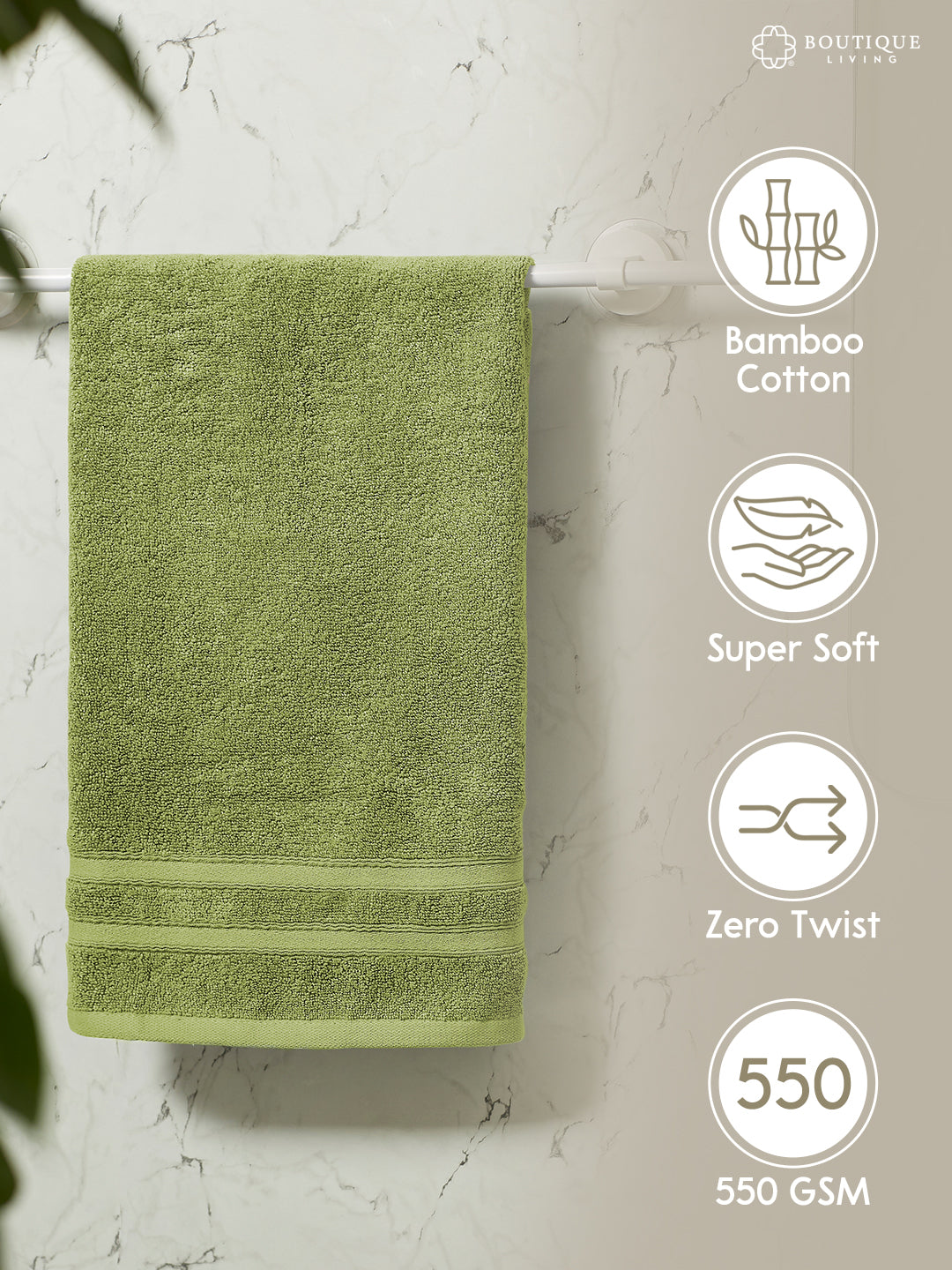 Zen Living Cotton Bamboo 550 GSM Green Hand Towels (Pack of 2) - Zero Twisted Technology