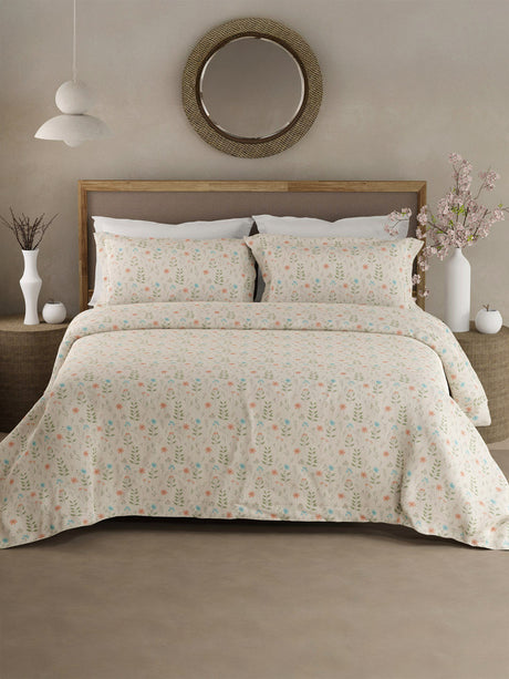 100% Cotton 300 TC King Bedsheet with 2 Pillow Covers - Multicolor Floral, Cottage Garden