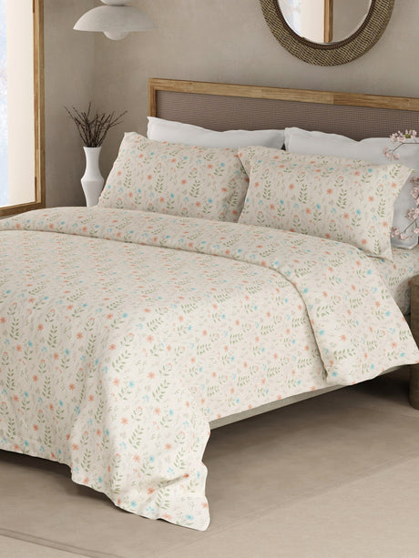 100% Cotton 300 TC King Bedsheet with 2 Pillow Covers - Multicolor Floral, Cottage Garden